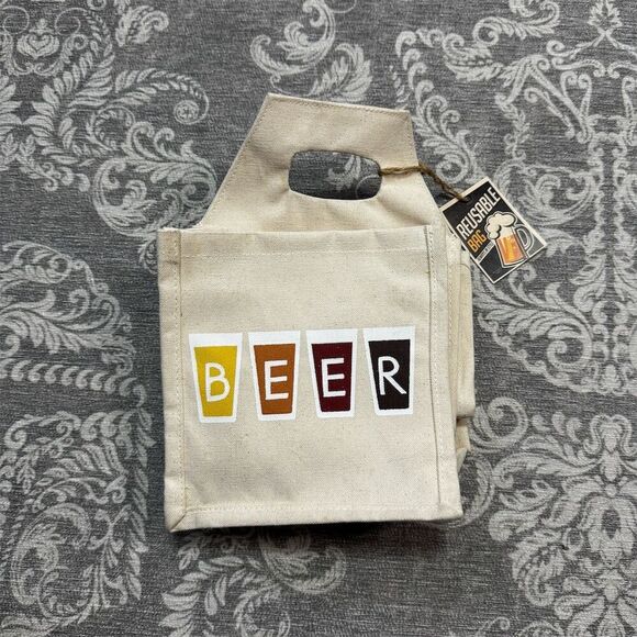 MONA B Canvas Beer Carrier Bag Beige Multicolor Print Holds 6 Bottles - Picture 1 of 7